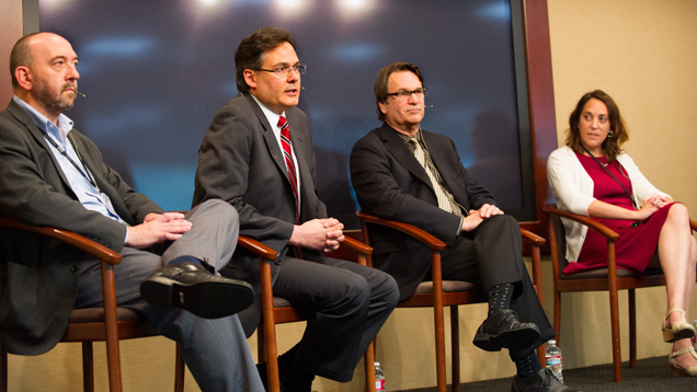 GIA invited panelists representing a variety of sectors, geographic locations and company sizes for an April panel on responsible sourcing at the Carlsbad campus. From left, Stewart Grice, director of mill and refining at Hoover and Strong; David Bouffard, vice president of corporate affairs at Signet Jewelers Ltd.; Eric Braunwart, founder, president and CEO of Columbia Gem House; and Beth Gerstein, co-founder and co-CEO of Brilliant Earth. Photo by Kevin Schumacher/GIA 