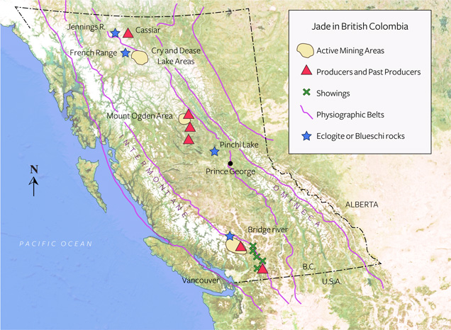 ブリティッシュコロンビアのジェード鉱床の地図
