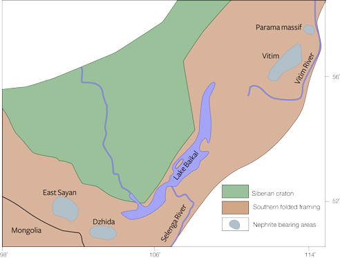 Map of green nephrite deposits in Russia