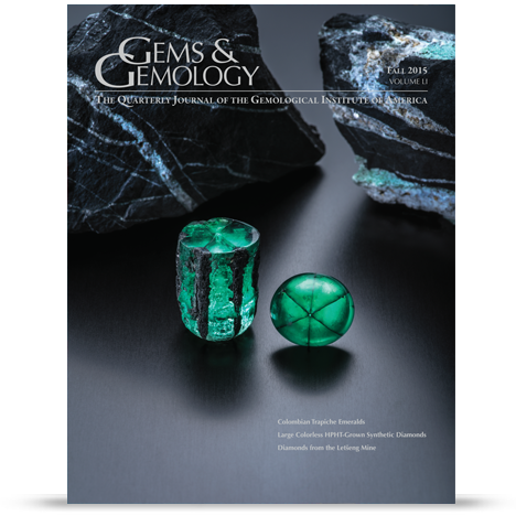 The lead article in this issue is an in-depth study on the geological formation and growth of Colombian trapiche emeralds. The cover photo shows a 58.83 ct. crystal specimen (left) and a 22.74 ct. cabochon (right), both displaying the material’s signature six-rayed pattern, from the renowned Peñas Blancas emerald region. The host rock, seen in the background, is carbonaceous shale containing veins of calcite, pyrite and minute crystals of low-grade emerald. Photo by Robert Weldon/GIA, courtesy of Jose Guillermo Ortiz and Colombian Emeralds Company, Bogotá.
