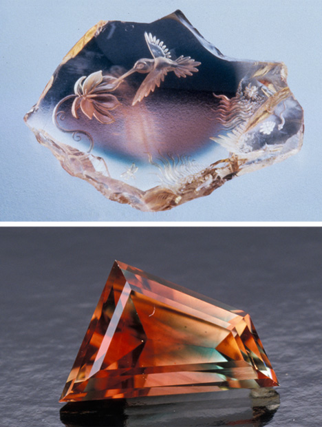 Some sunstones are bicoloured, which makes them ideal for free-style designer cuts (bottom). They might also be tricoloured, like this lovely 32.80-ct. Oregon sunstone (top). The cut is a spectacular example of the sculptor’s artistry. – Tino Hammid (left); Maha Tannous, courtesy Dust Devil Mining Company, Beaver, Oregon (top)