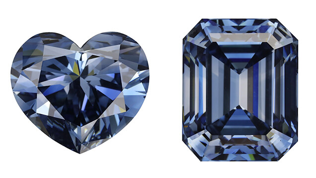 Heart-shaped and emerald cut blue HPHT diamonds