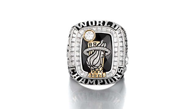 The Miami HEAT’s 2011-2012 NBA championship ring featured 46 custom-cut princess-cut diamonds on the table. In total, the ring has 219 round and princess cut diamonds weighing approximately 10.80 carats. ©Jostens, Inc.