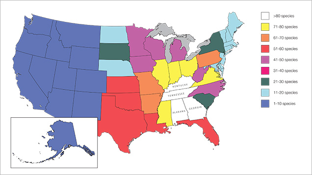 Map of freshwater mussel distribution in the United States