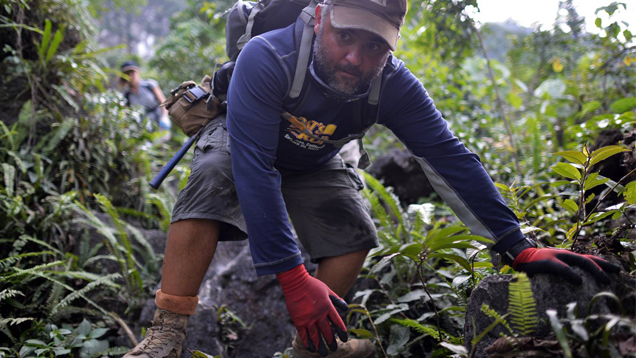 Diazはジャングルような土地を移動するときはバックパックを背負いながら身を低くする必要があります。 未踏の土地に行くときは、保護のためにブーツを履いて、手袋を着用します。