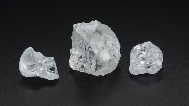 Figure 1: Rough CLIPPIR diamonds, from the Letseng mine, Lesotho, exemplifying large size (14 to 91 carats here), irregular shape and resorbed surfaces. Photo by Robert Weldon/GIA; courtesy of Gem Diamonds Ltd.