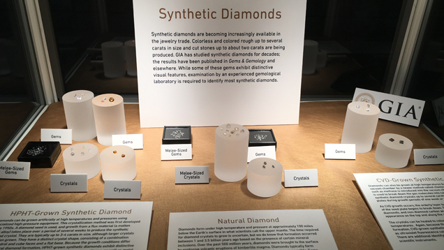 无色和彩色天然和合成金刚石并排展示。 信息标签分别对合成钻石、高温高压处理的合成钻石、天然钻石和化学蒸气沉淀法生长 (CVD) 的合成钻石进行了解释。