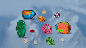 Multi-colored gems are superimposed on an image of glacier peaks.