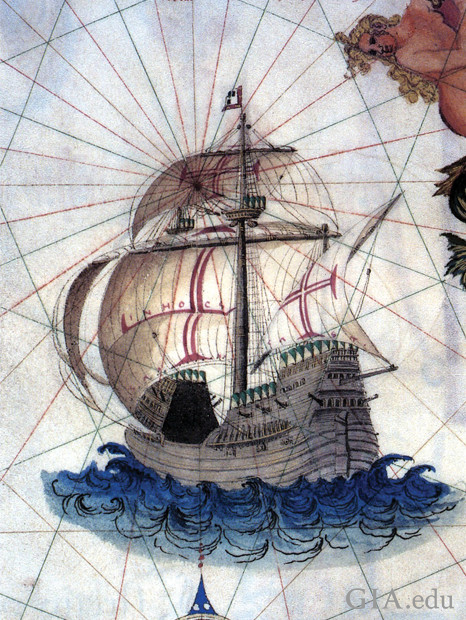 Drawing of ancient ship with a map grid in the background.