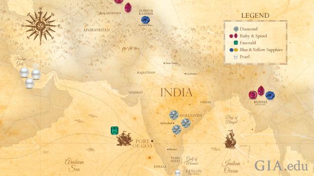 A map of India and surrounding countries showing the origin of many of the gems that were used in the Indian jewelry shown in this article including diamonds, rubies, emeralds, pearls and sapphires