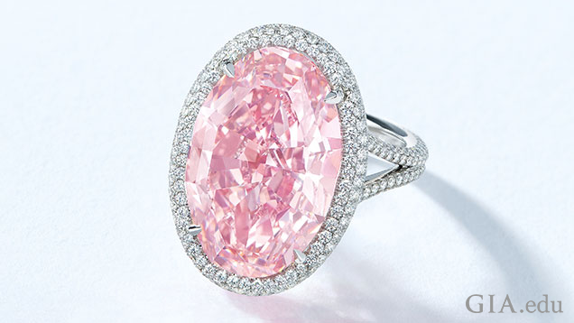 A 14.93 ct oval pink diamond is surrounded by a halo of colorless diamonds and mounted into a ring.