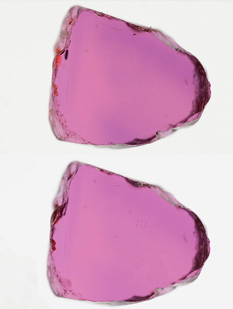 Before and after the low heat treatment of a piece of Mozambique ruby. The change of color appearance is very subtle but the treatment definitely reduces blue color component’s contribution to the overall appearance.