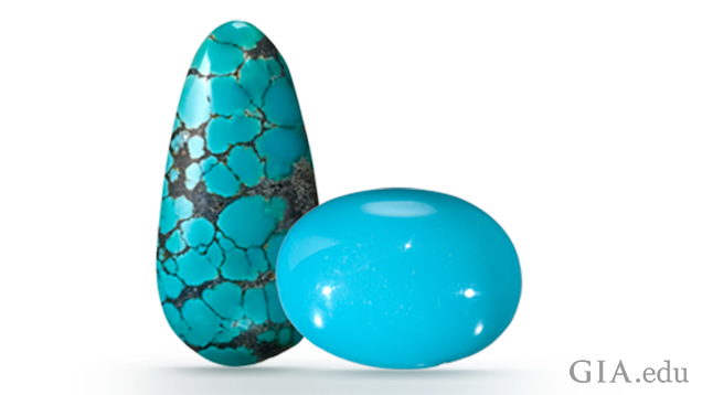 Left: Collection# 23202 turquoise cabochon with matrix is 22.86 ct. Right: unidentified. Photo by Robert Weldon