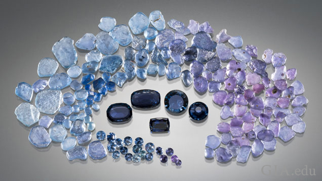 A group of rough sapphires encircle cut sapphires.