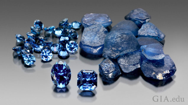 A group of rough and cut sapphires.