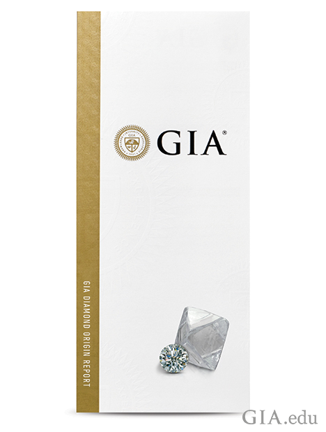 The GIA Diamond Origin Report cover features a piece of rough and a polished diamond.