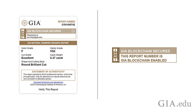 Images of the blockchain diamond grading report information.