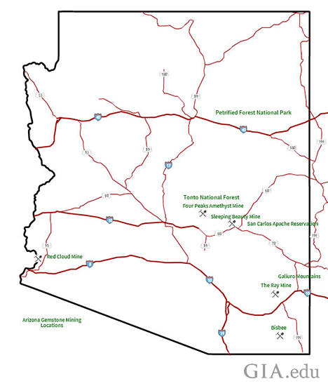 この記事で登場する鉱山、地域、町の場所、およびそれらに到達するために使用される道路を示すアリゾナ州の地図。