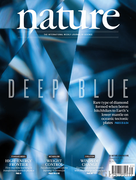 August 2018 <em>Nature</em> cover “Deep Blue,” explores Evan M. Smith’s research on type IIb blue diamonds that formed when boron hitchhikes to Earth’s lower mantle on oceanic tectonic plates. Image courtesy of <em>Nature</em>. 