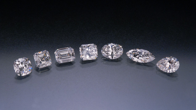 These diamonds feature a range of shapes and cutting styles. From left: cushion cut, Ascher cut, emerald cut, princess cut, oval shape, marquise shape, pear shape. Courtesy of Lazare Kaplan Diamonds.