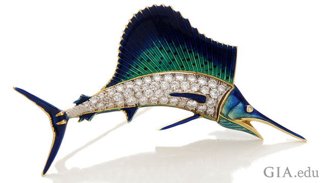 The sailfish body is made from diamonds and the rest from blue, green and black enamel accented with yellow.