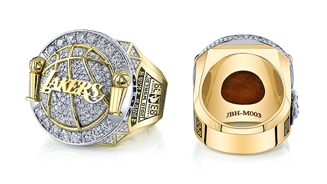 Images of the 2010 Los Angeles Lakers championship ring showing the top face and inside of the ring.