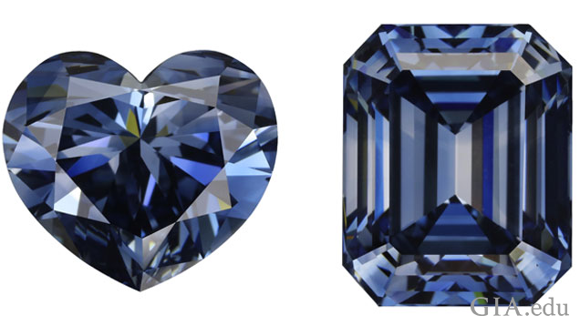 On the left is a 5.26 ct Fancy deep blue heart shape HPHT synthetic diamond. On the right is a 5.27 ct Fancy deep blue emerald cut HPHT synthetic diamonds. 