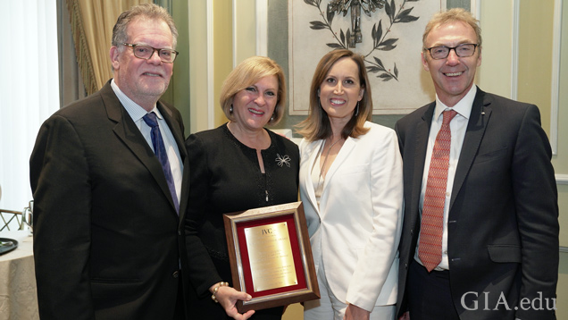 Susan Jacques accepted the Stanley Schechter Award at the Jewelers Vigilance Committee (JVC) luncheon on Jan. 10, 2020. From left: Joel Schechter, retired CEO of Honora; Susan Jacques, GIA president and CEO; Tiffany Stevens, JVC CEO and general counsel; and Charles Stanley, president of Forevermark US and 2020 Chairman of the JVC Board.