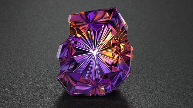 This 87.66-ct. ametrine displays the rich purple of amethyst along with the contrasting orangy yellow of citrine. Photo by Robert Weldon/GIA, Courtesy Minerales y Metales del Oriente, Bolivia, SA.