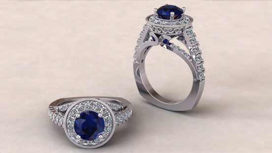 A wonderfully ornate shank is the star in Jewelry Design & Technology alum Tyler Abe’s sapphire engagement ring. Creating such an intricate piece was a highlight of his GIA education. 