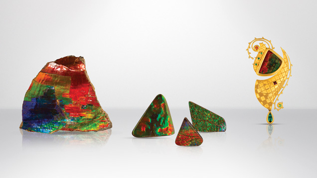 Pieces of Ammolite and Ammolite Broach