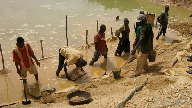 Miners, working in a row along a body of water, use hand sieves to sift gravel.