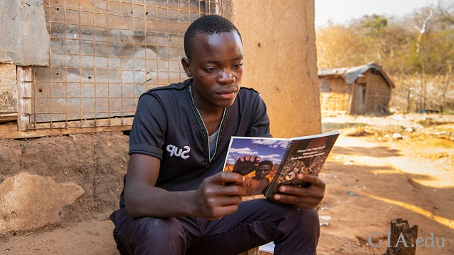 Young man reads illustrated gem guide, sitting on a cement bench.