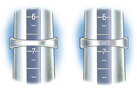 プラスチック製のリングマンドレルで、プラチナソリティアリングのサイズを確認しているクローズアップ図。 この図では、サイズが見えるようにリングを透明にしてあります。