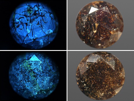 Images of two black diamonds in DiamondView and visible light.