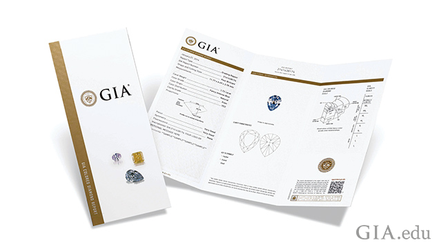 Image of cover and inside of GIA colored diamond grading report. 