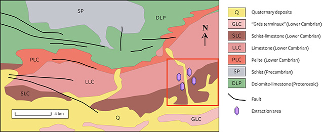 Geologic map of amethyst mining region at Boudi, Morocco