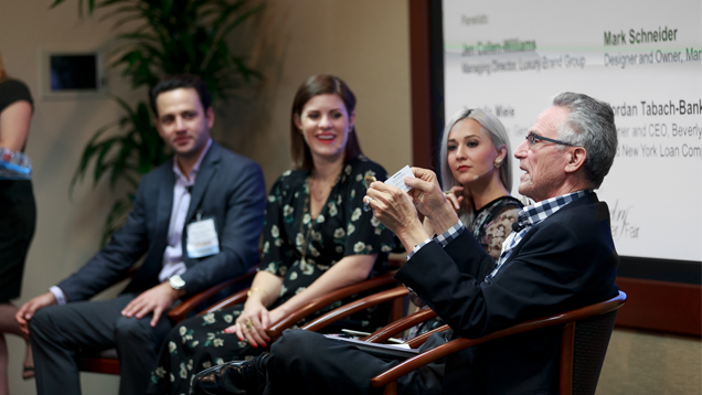 Victoria Gomelsky, editor-in-chief of JCK magazine, moderated the “Creative Careers” panel. Pictured L to R: Jordan Tabach-Bank, owner and CEO of Beverly Loan Company and New York Loan Company; Jen Cullen-Williams, managing director of the Luxury Brand Group; Danielle Miele, jewelry blogger and creator of Gem Gossip; and Mark Schneider, designer and owner of Mark Schneider Design. Photo by Eric Welch; © GIA