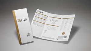 GIA Diamond Grading Report with main components of the report on display and round brilliant cut diamond on the front cover.