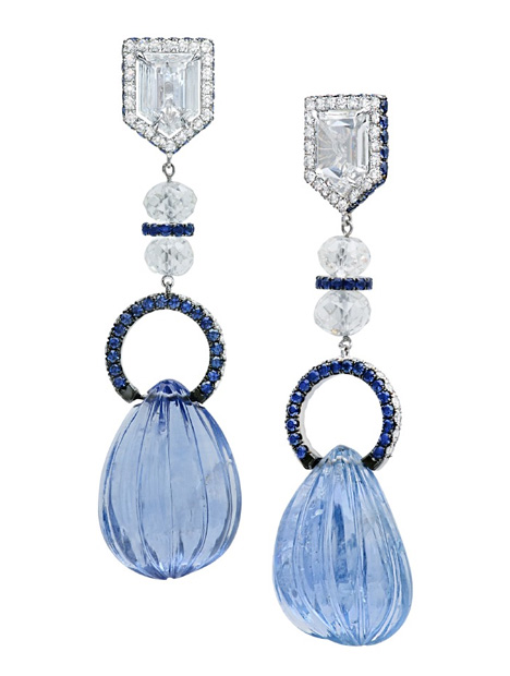 Sapphire Teardrop Briolette and Diamond Earrings Briolette teardrop shape sapphires, 30.37 carats; 2 bullet shape diamonds of 1.43 carats surrounded by a border of 80 round diamonds with 4 diamond beads encircled by 152 blue sapphires. © Martin Katz, Ltd.