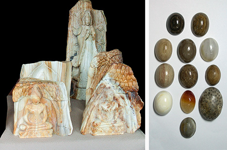 Petrified wood carvings and cabochons.