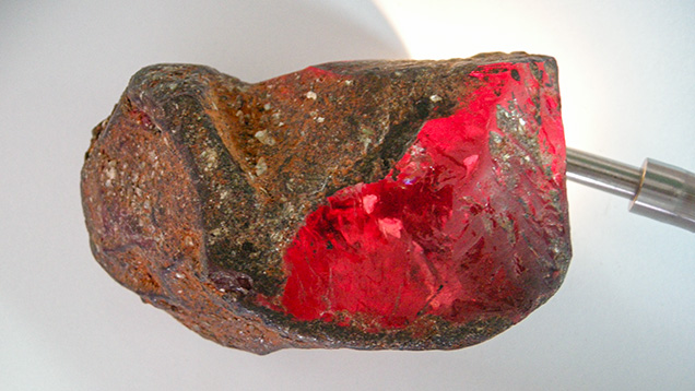 Rock appears dark red under transmitted light.