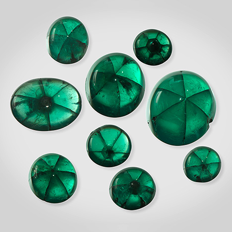 Nine trapiche emerald samples from Peñas Blancas