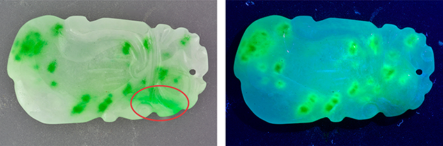 Jadeite with natural and dyed green areas.