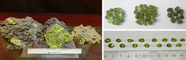 Vietnamese peridot nodules, rough stones, and faceted samples