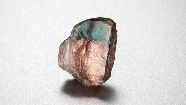 This 11.76-ct rough is a superb example of a bicolor gem. Photo by Robert Weldon.