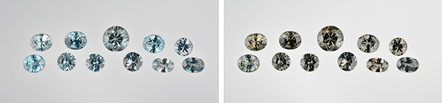 Faceted blue zircons before and after long-wave UV exposure