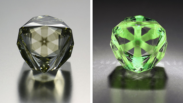 Side-by-side images of a Fancy brownish greenish yellow diamond. Left is normal light and right is under long-wave UV light.