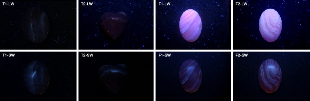 Natural and imitation rhodochrosite reaction to UV light