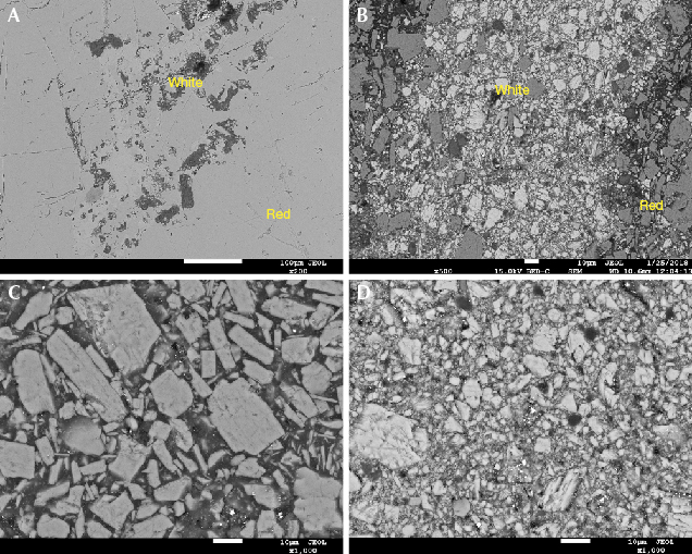 BSE images of natural and imitation rhodochrosite